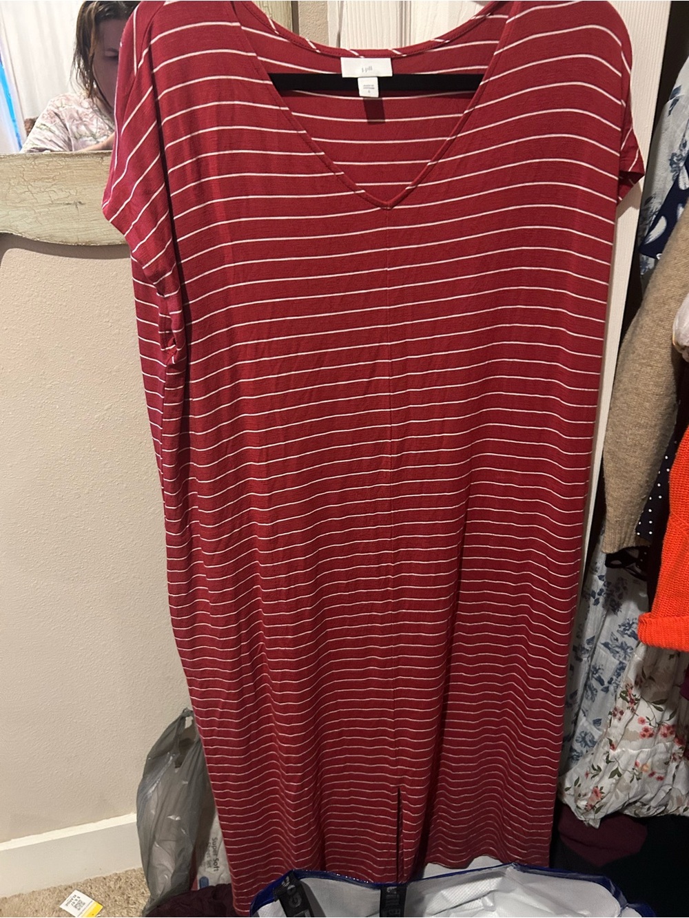 J. Jill Burgundy and White Striped V-Neck Maxi Dress